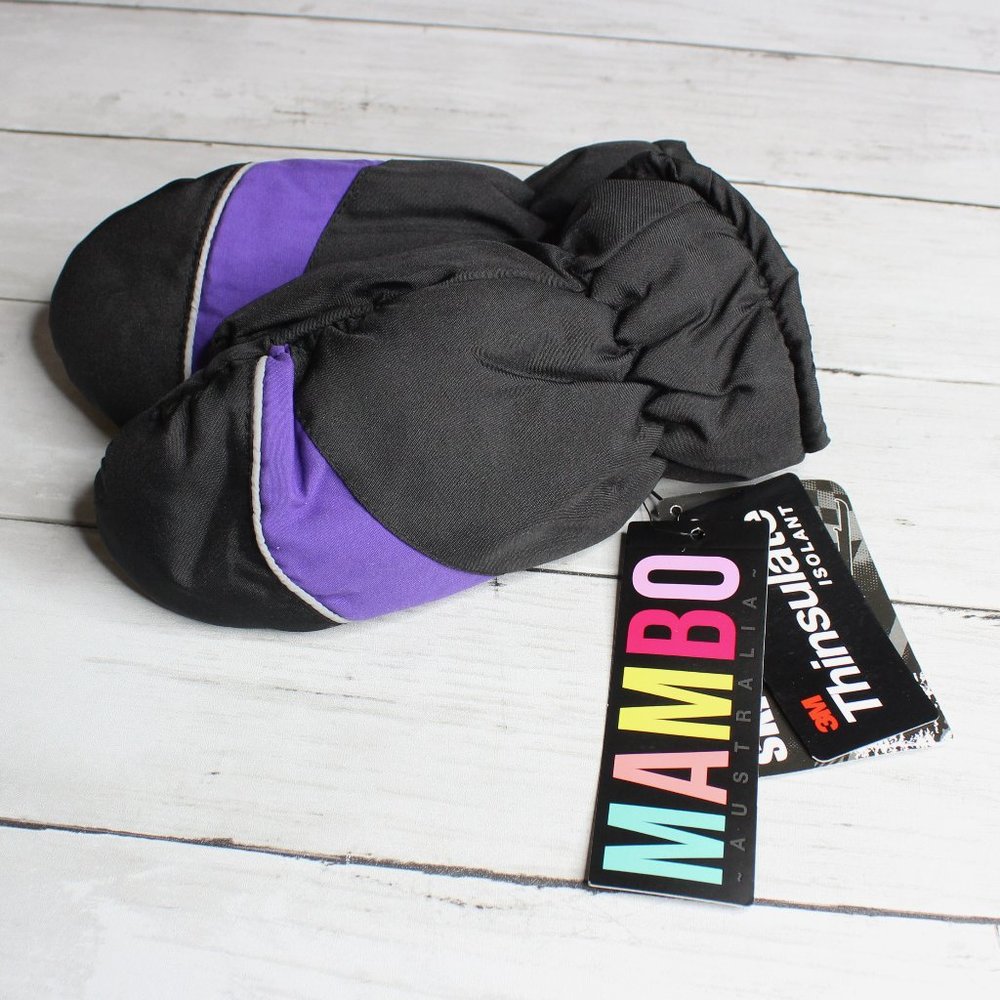 Mambo Girl Winter Ski Mittens Youth Size 7-10 Black Purple Fleece Lined